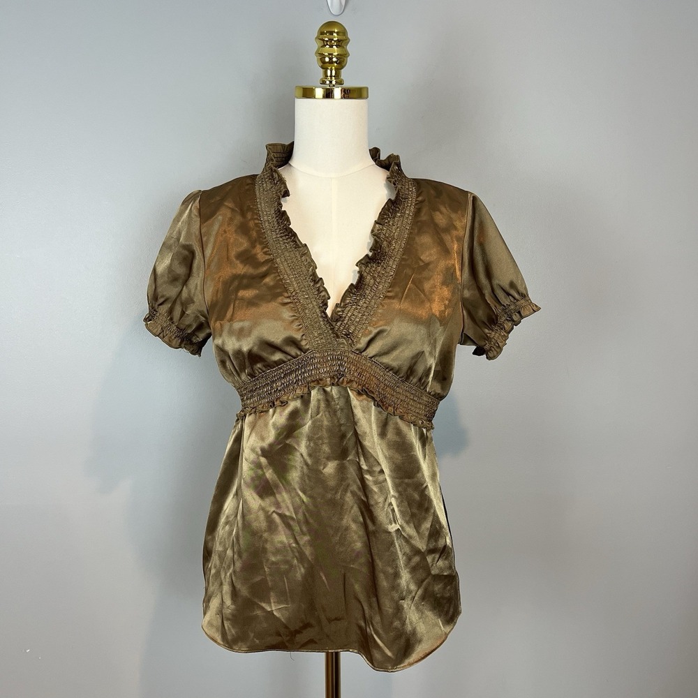 Pierre Cardin 90s Y2K Babydoll Blouse Gold Satin Women's Size Medium